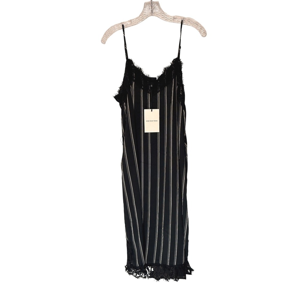 Who What Wear Satin Midi Dress Black White Striped Sleeveless Lace Trim Large